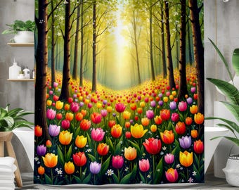 Tulip Forest Shower Curtain, Spring Floral Bathroom Decor, Wildflower Bath Curtain, Woodland Nature Bathroom, Cottagecore Garden Decor