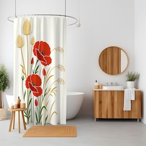 May include: Cream-colored shower curtain featuring a floral design with large red poppies, green stems, and gold accents. The bathroom includes a wooden vanity, round mirror, and a small wooden stool.