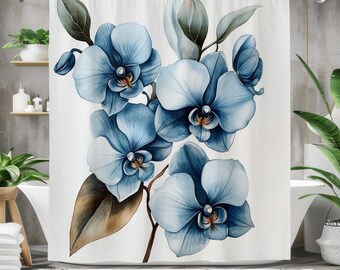 Blue Orchid Shower Curtain - Elegant Floral Waterproof Bath Curtain - Botanical Bathroom Decor, Flower Art, Blue White Green