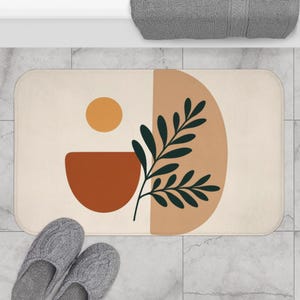 Boho Minimalist Bath Mat with Leaf Design | Soft Absorbent Bathroom Rug for Modern Decor, Home Spa, Gift, with Matching Shower Curtain