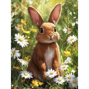Braunes Kaninchen Diamant Malerei Set, 5D DIY Häschen Kunst, Frühlingswiese Kaninchen mit Gänseblümchen, niedliches Geschenk für Sie