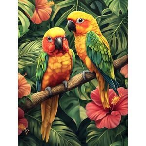 May include: Two parrots perched on a branch in a tropical jungle setting. One parrot is green and yellow with a red head, the other is orange and yellow with a green and red head. Both parrots are facing the viewer.