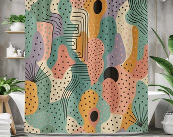 Colorful Abstract Shower Curtain – Organic Shapes Modern Bathroom Decor, Mid-Century Inspired Pattern, Funky Boho Retro Art