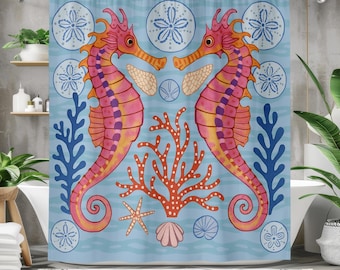 Seahorse Shower Curtain, Coastal Bathroom Decor, Beach House Bath Curtain, Nautical Ocean Bathroom, Coral Reef Marine Life