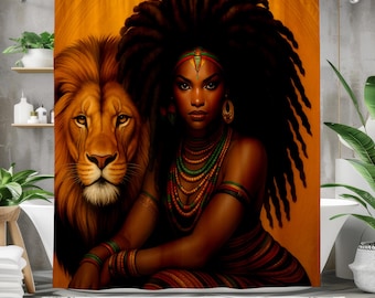 African Girl and Lion Shower Curtain, Powerful Afrocentric Bathroom Decor, Waterproof Curtain with Tribal Colors, Multiple Sizes Available