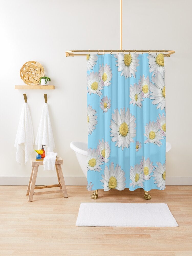 Teal Shower Curtain Rustic Elegant Floral Turquoise Grey Daisy Bathroom Curtains Cute Wildflower Design Farmhouse Plant Shower Curtain With Hooks