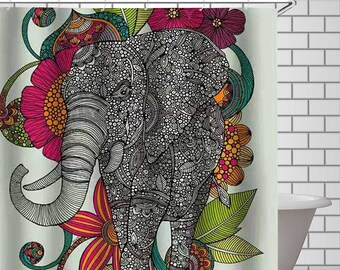 Elephant Travel by Balloon Shower Curtain Waterproof Fabric Bathroom Hooks Mat Elephant Travel by Balloon Shower Curtain Waterproof Fabric Bathroom Hooks Mat