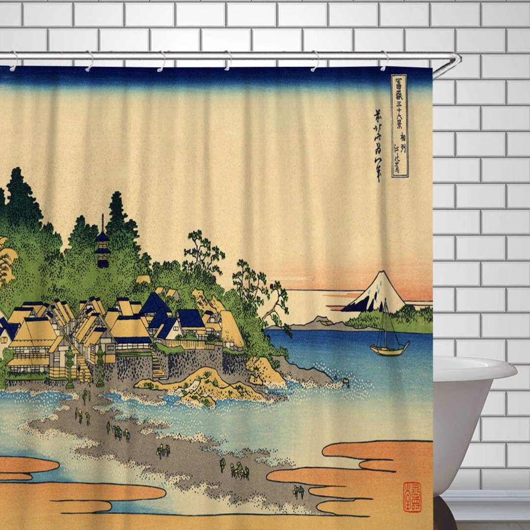 Japanese Shower Curtain Ukiyo-e Painting Enoshima in Sagami Province ...