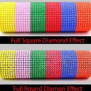May include: A close-up of colorful, beaded bracelets. The bracelets are arranged in a row, showcasing a variety of colors including yellow, pink, green, red, blue, and orange. The text "Full Square Diamond Effect" and "Full Round Diamon Effect" is visible.