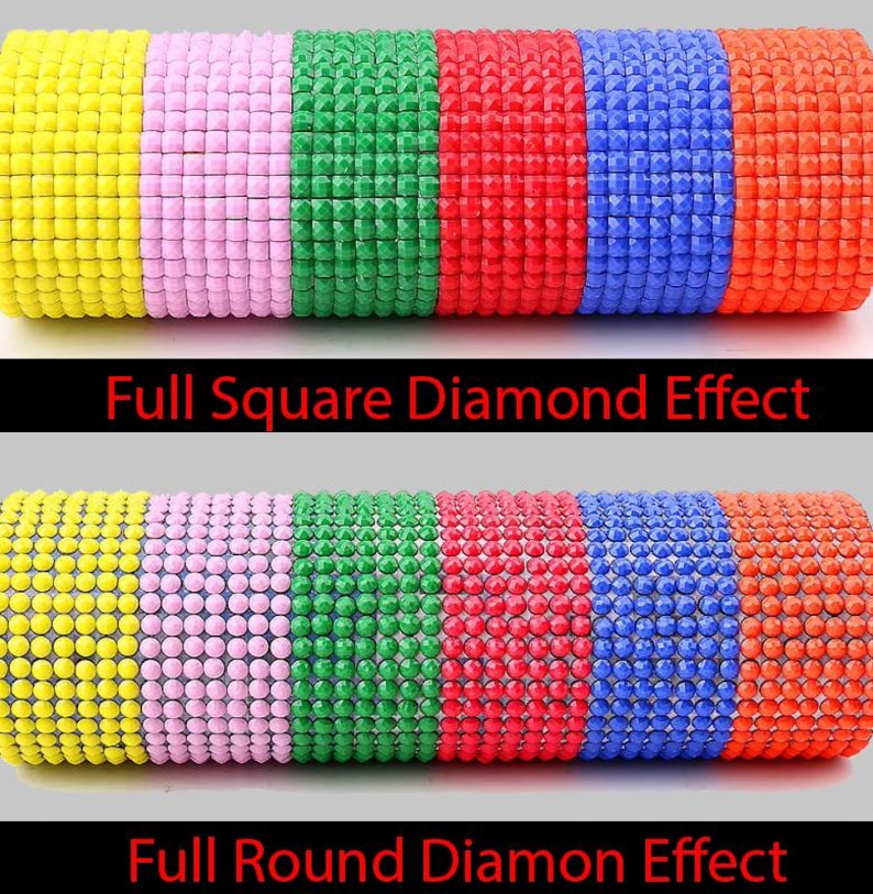 May include: A close-up of colorful, beaded bracelets. The bracelets are arranged in a row, showcasing a variety of colors including yellow, pink, green, red, blue, and orange. The text "Full Square Diamond Effect" and "Full Round Diamon Effect" is visible.