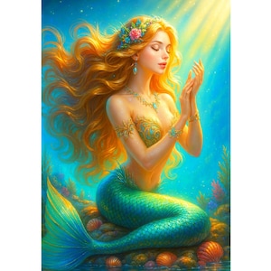 May include: A digital painting of a mermaid with flowing golden hair and a turquoise tail. She wears a floral crown and ornate jewellery. The mermaid is set against a blue underwater background with sunlight streaming through.
