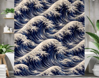 Japanese Ocean Waves Shower Curtain, Great Wave Bathroom Decor, Coastal Bath Curtain, Nautical Bathroom, Blue Ocean, Japandi Art