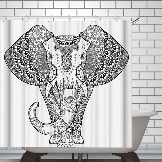 Bathroom Elephant Shower Curtain Black Waterproof Polyester Fabric with 12 Hooks 