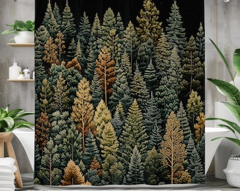Dark Forest Shower Curtain, Waterproof Fabric Bath Curtain, Rustic Woodland Bathroom Decor, Pine Tree Nature Art, Cozy Cabin Style Design