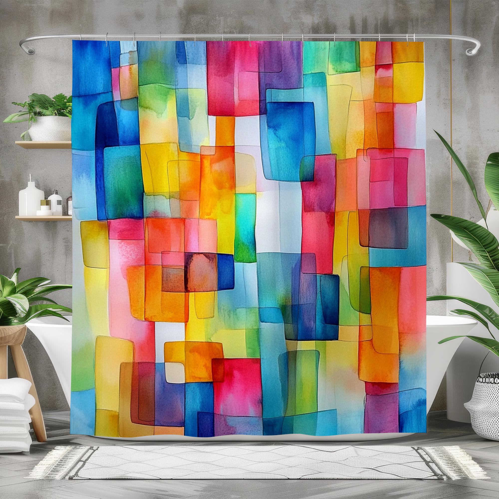 Abstract Watercolor Shower Curtain, Colorful Geometric Bath Decor