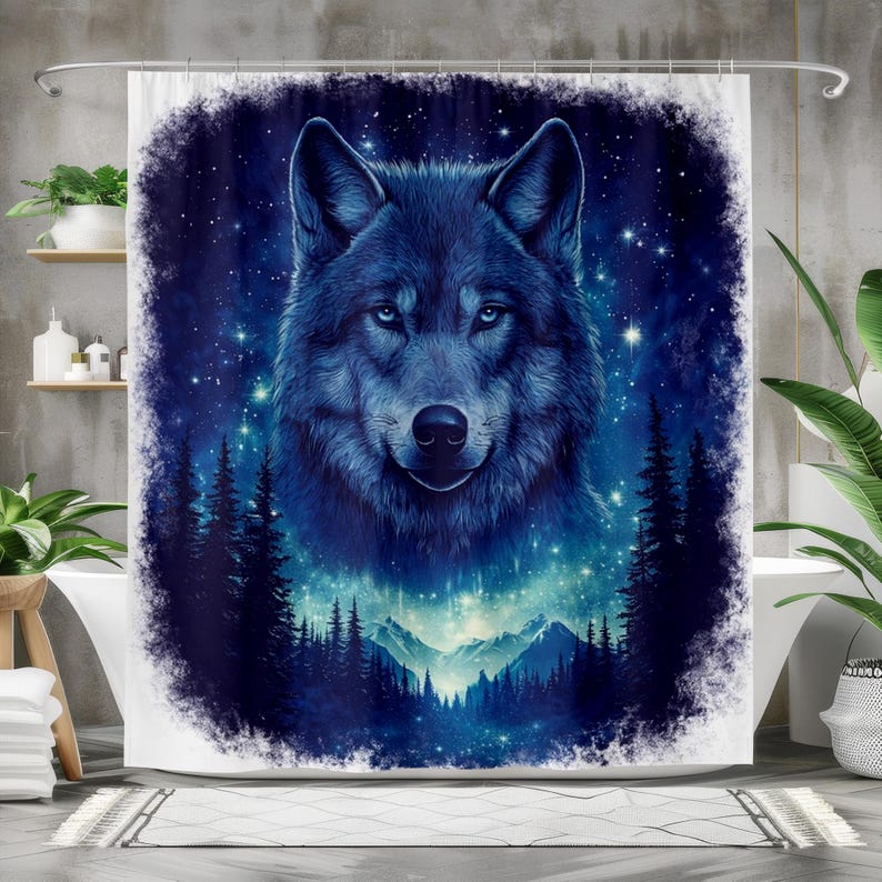 Wolves Bath Wolf Shower Curtain, Galaxy Wolf Bathroom Decor, Night Forest Bath ...