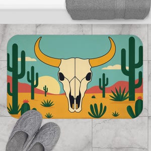Desert Oasis Bath Mat, Southwestern Home Decor, Cow Skull Rug, Cactus Bathroom Mat, Boho Bathroom Accessories