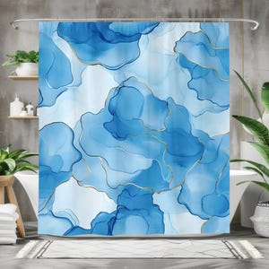 Blauw aquarel douchegordijn, modern abstract badgordijn, waterdichte stof badkamerdecor, elegant blauw en goud ontwerp