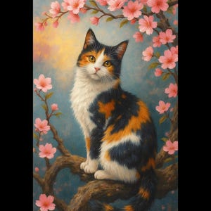 May include: A calico cat with orange, black, and white fur sits on a tree branch, surrounded by pink cherry blossoms. The cat has yellow eyes and a fluffy white chest. The background is a soft blend of blue, yellow, and pink.