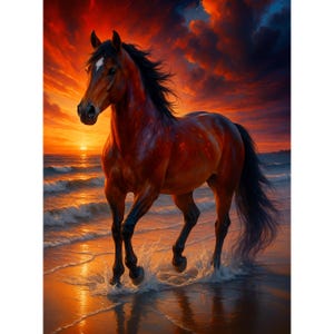 May include: A majestic brown horse with a black mane and tail stands in the ocean surf. The horse is illuminated by the golden light of a sunset, with a fiery orange and red sky in the background. The horse has a white marking on its forehead.