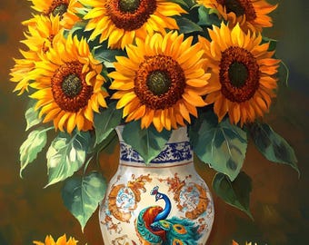 Diamond Painting Kit | Sunflowers in Peacock Vase | DIY Full Drill Diamond Embroidery | Rhinestone Cross Stitch | Floral Wall Decor