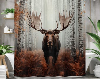 Majestic Moose Shower Curtain, Rustic Woodland Bathroom Decor, Waterproof Fabric Bath Curtain, Nature-Inspired Forest Scene