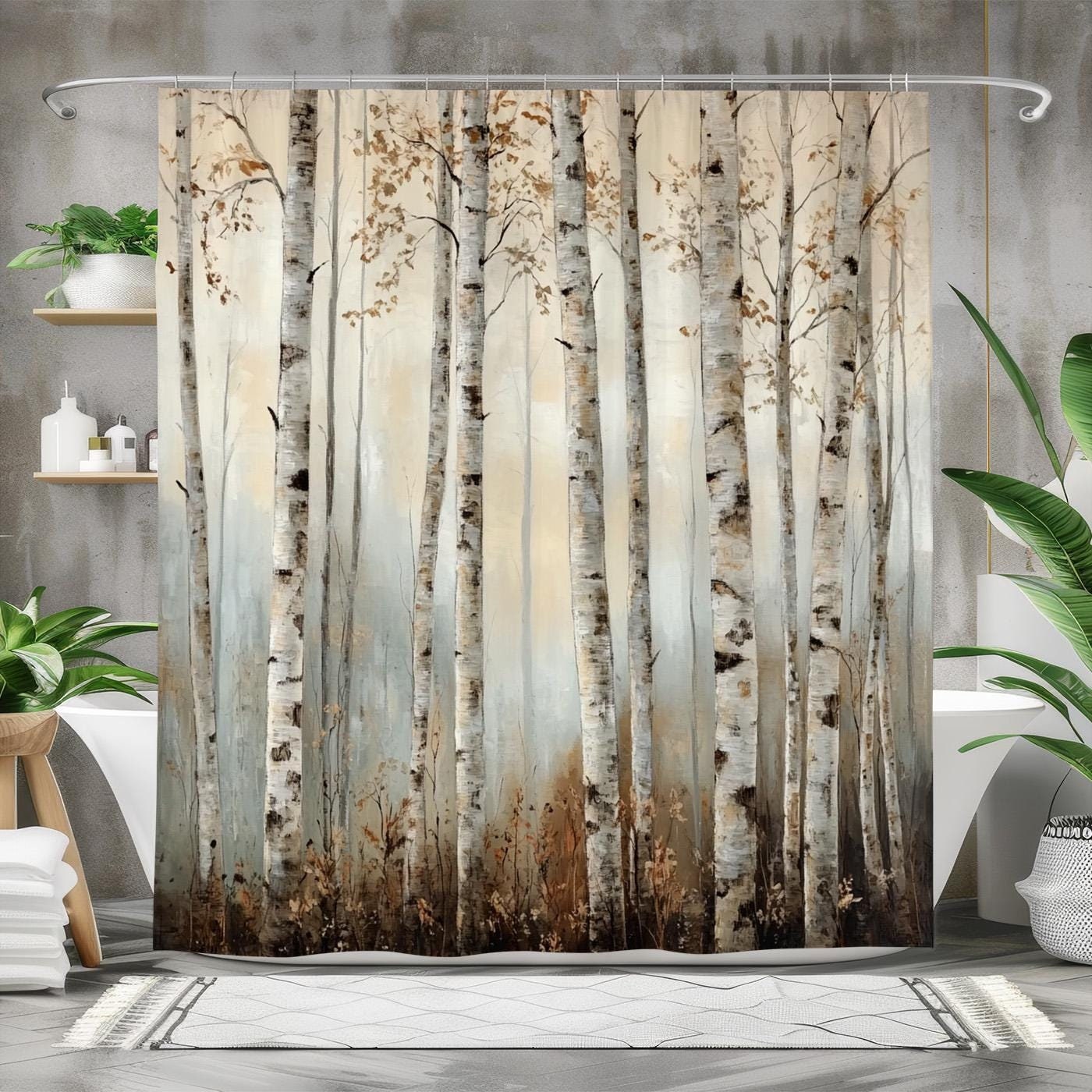 Weighted Hem Shower Curtain Forest Birch Trees Shower Curtain Waterproof  Fabric, Nature-themed Bathroom Decor, Rustic Birch Trees Design Bath Curtain  For Cabin Style Bathroom Decor With Nature Theme, image size:1400x1400