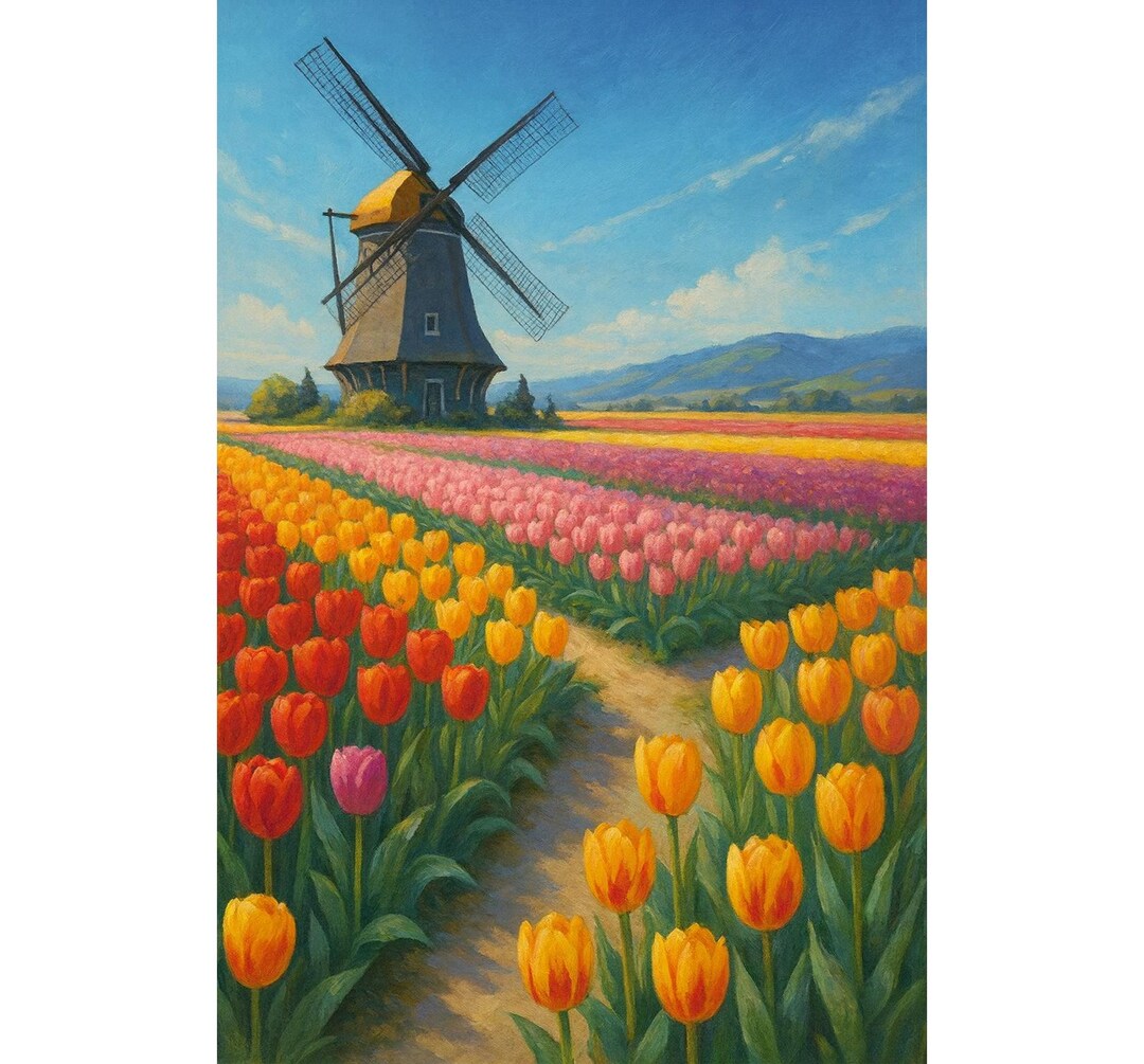 Tulip Field Windmill Diamond Painting Kit, 5D DIY Full Drill Embroidery ...