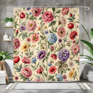 Vintage Style Botanical Floral Shower Curtain, Cottagecore Bathroom Decor With Colorful Garden Flowers, Elegant Gift For Her, Antique