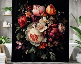 Retro Art Dark Floral Bath Curtain, Waterproof Fabric Bathroom Decor, Artistic Shower Curtain for Elegant Homes, Black, Red, Pink, Cream