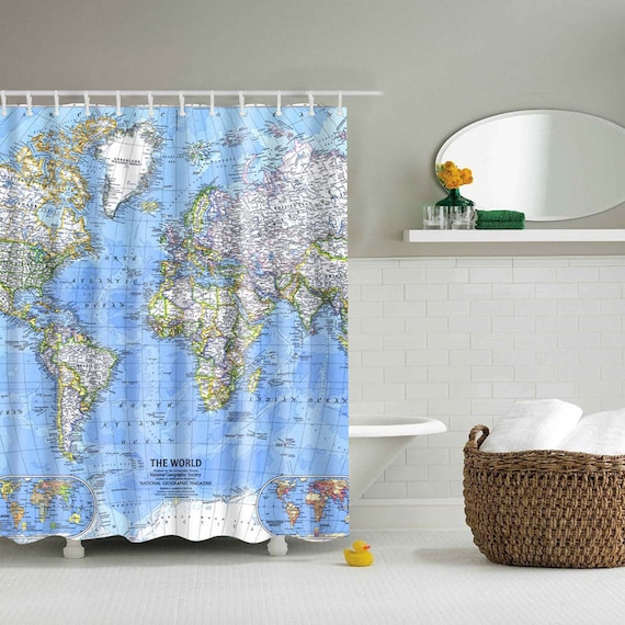 World Map Shower Curtain Fabric Set For Bathroom