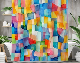 Abstrakter Aquarell Duschvorhang, buntes geometrisches Baddekor, moderner künstlerischer Badezimmervorhang, Glasmalerei inspiriertes einzigartiges Hauptgeschenk
