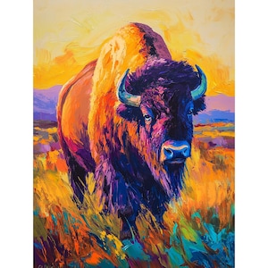 May include: Vibrant oil painting of a bison in a field. The artwork features a colorful palette of blues, purples, oranges, and yellows. The bison has dark fur and blue horns, set against a sunset background. The painting style is impressionistic.