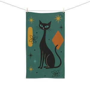 Retro Atomic Cat Hand Towel Cute Cat Lover Gift, Mid Century Modern Style Home Decor, Unique Bathroom Towel, Housewarming Gift