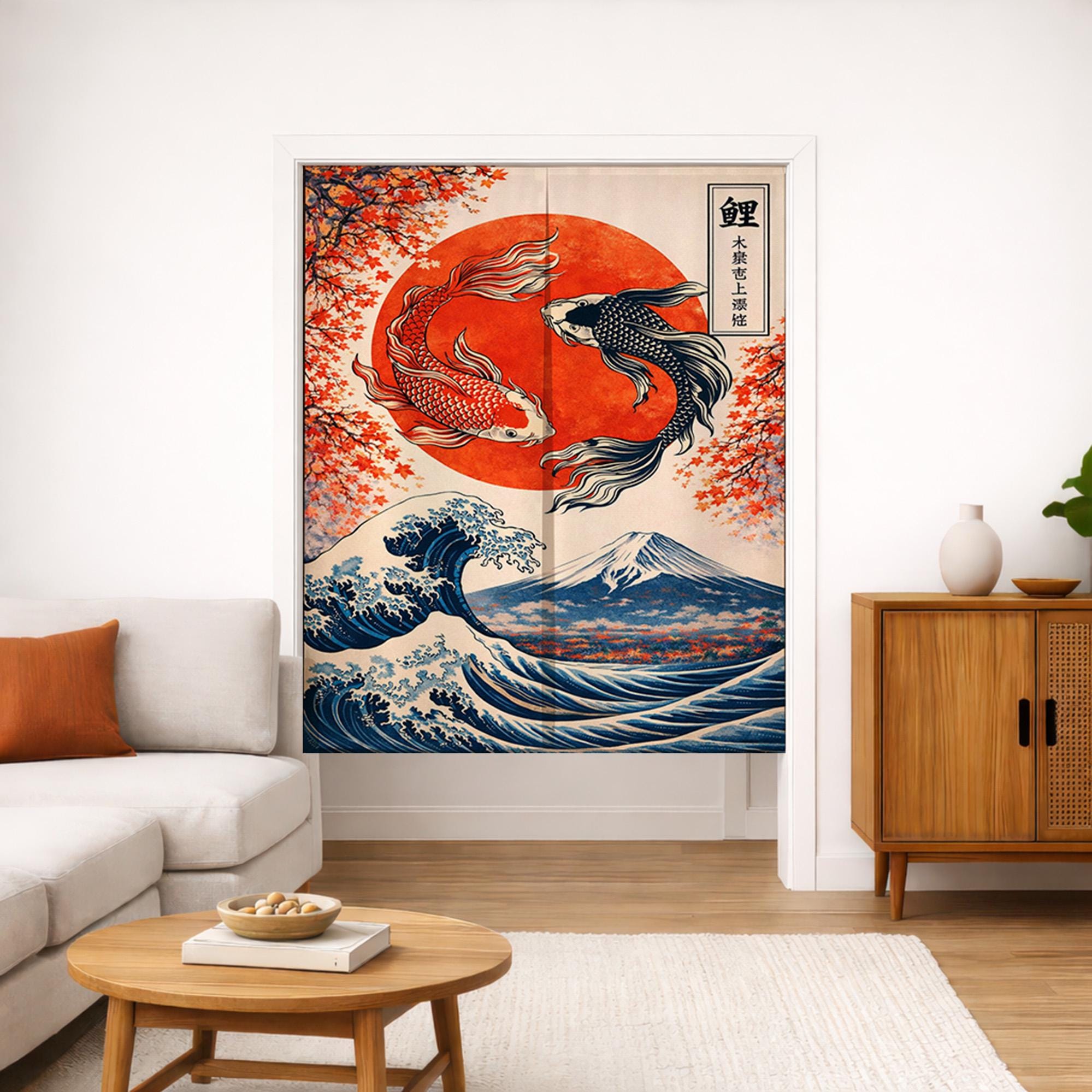 Japanese Koi Fish Noren Curtain, Great Wave Door Curtain, Mount