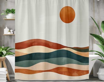Boho Landscape Shower Curtain – Minimalist Abstract Desert Sun Bathroom Decor