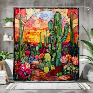 Cortina de ducha de tela impermeable con diseño de cactus, decoración de baño desértica con arte de vitrales coloridos, verde, naranja y rosa