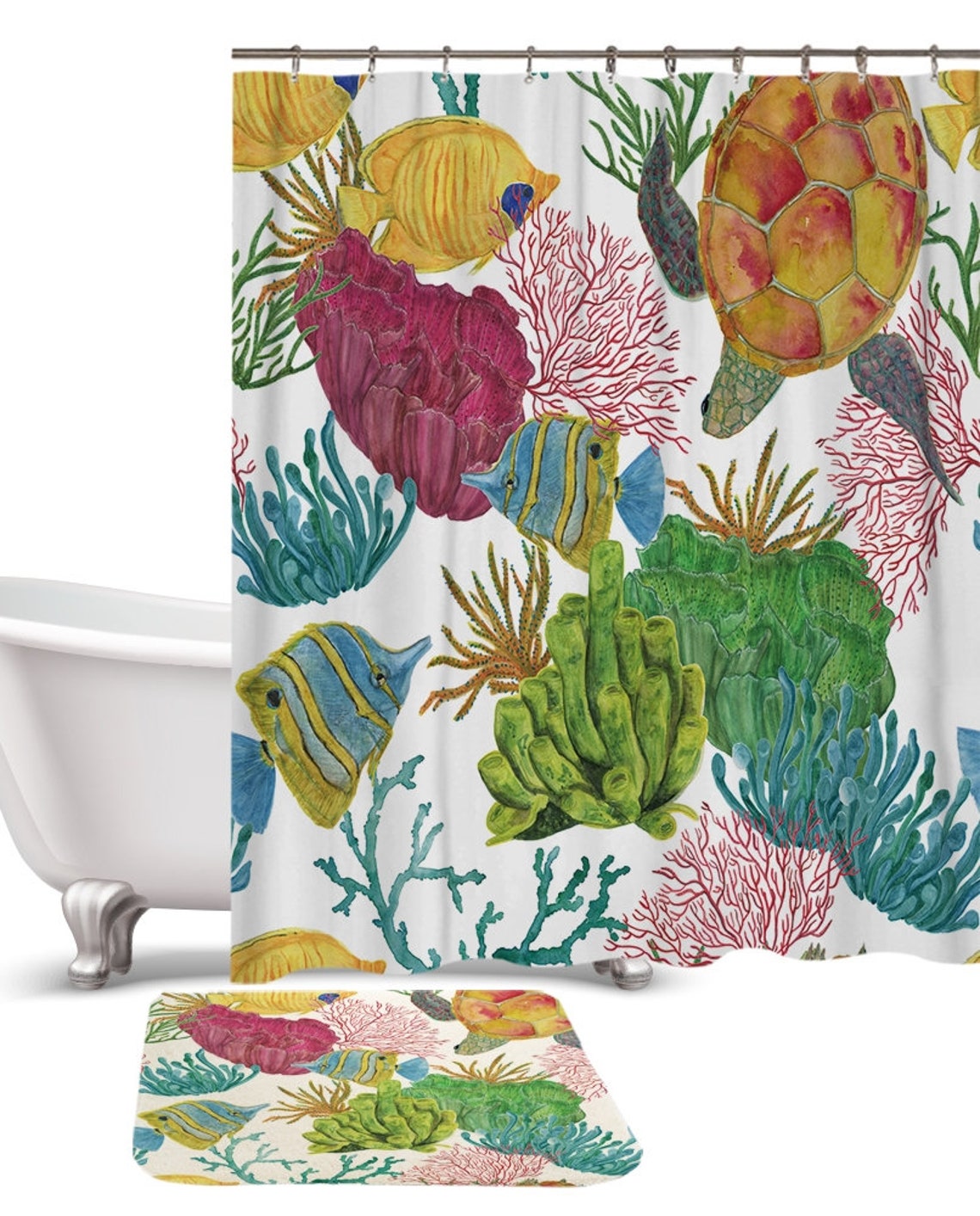 Sea Life Shower Curtain Mat Fish Turtle Ocean Shower Etsy