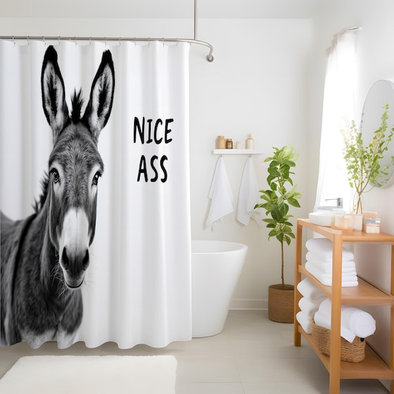 ナイスアス」の文字が入った面白いロバのシャワーカーテン、愉快な