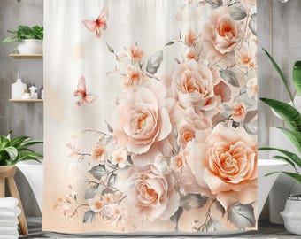 Cortina de ducha romántica con rosas de melocotón, elegante cortina de baño floral, decoración de baño de tela impermeable, diseño suave de rosas y mariposas.
