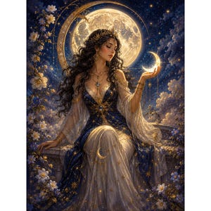 May include: An artistic depiction of a woman in a celestial gown, seated before a full moon and crescent moon. The woman wears a crown and holds a glowing crescent moon. The scene is set against a starry night sky, with floral accents.