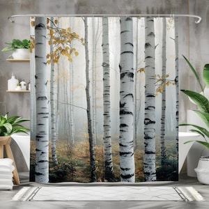 Birch Tree Shower Curtain, Nature Bathroom Decor, Rustic Forest Bath Curtain, Waterproof Fabric Woodland Curtain Tree Print Bathroom Curtain