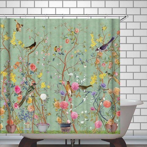 Birds Flowers Tree Branches Shower Curtain Bath Decor Floral Bathroom Curtains