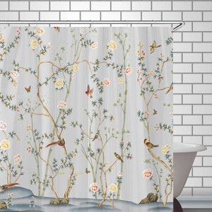 Flowers and Birds Shower Curtain Aesthetic Bathroom Decor Floral Boho Bath Curtains Waterproof Fabric Washable with Hooks