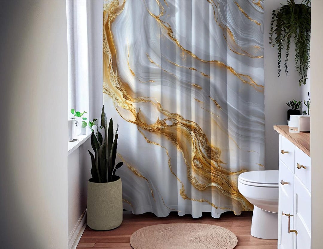 Gold and Gray Marble Shower Curtain Waterproof Fabric, Elegant Bathroom Decor, Luxury Abstract ...