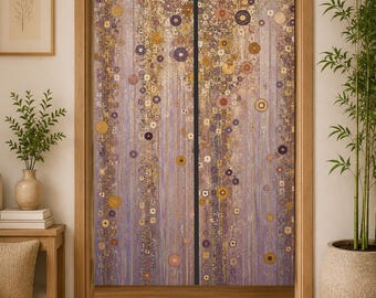 Purple Gold Noren Curtain, Klimt Inspired Door Curtain, Lavender Art Nouveau Room Divider, Luxury Entryway Curtain