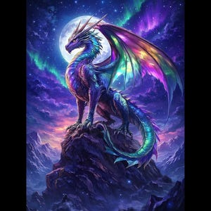 May include: A fantasy illustration of a dragon. The dragon is positioned on a rocky outcrop, with a full moon and an aurora borealis in the background. The dragon's scales are blue, purple, and green, with iridescent wings.