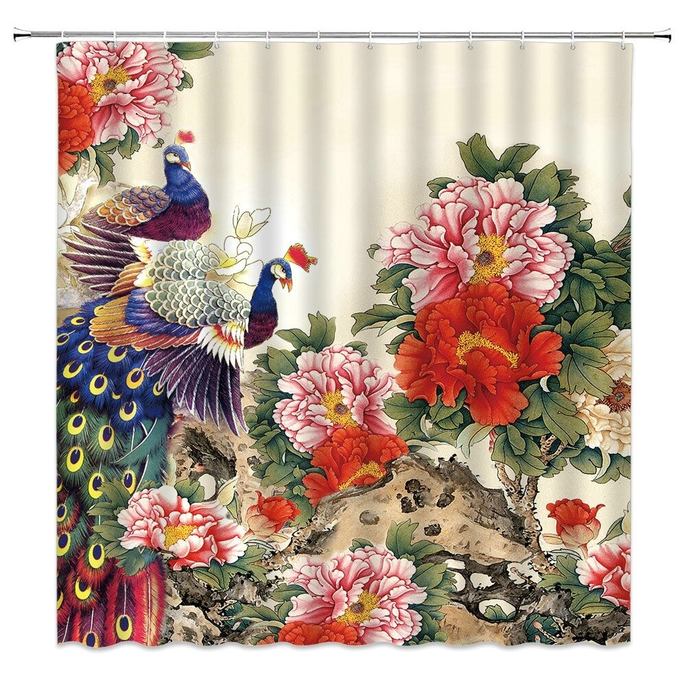 Watercolor Peacock With Flowers Shower Curtain Set Fabric Polyester Bathroom 
