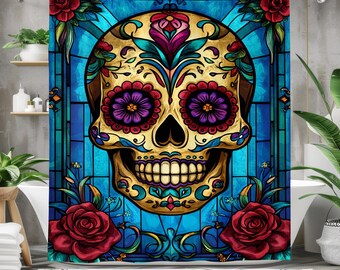VanillaBay Tenda Doccia Day Of The Dead | Teschio Di Zucchero Messicano | 180x180 Cm Con 12 Ganci E Anelli