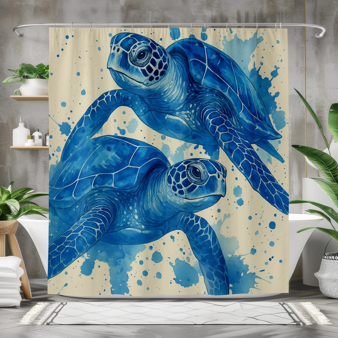 Duschvorhang Mit Meeresschildkröte | Lustiges Ozean-Motiv, Tropischer Sommer-Look | Polyester, Wasserabweisend | Verschiedene Größen Verfügbar
